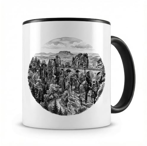 Samunshi® Tasse Basteibrücke aus Deutschland Sächsische Schweiz Tasse für Fans von Sehenswürdigkeiten Teetasse oder Kaffetasse schwarz 300ml