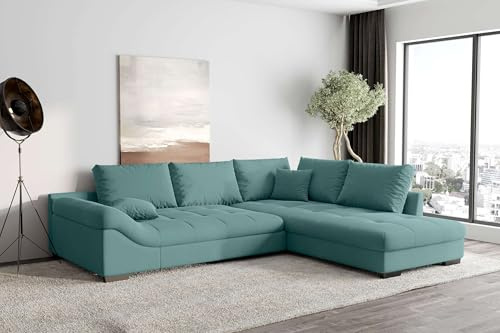 99rooms Terra Ecksofa Polsterecke Eckcouch Velours Kronos Pastelltürkis Ottomane Rechts