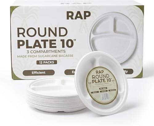 3 Compartment Paper Plates 10 Inch 50 Pack Bagasse Compostable Disposable | Heavy Duty Disposable Bagasse, Strong Compostable Sugarcane, For Hot Food, Catering, BBQ, Buffet & Takeaway