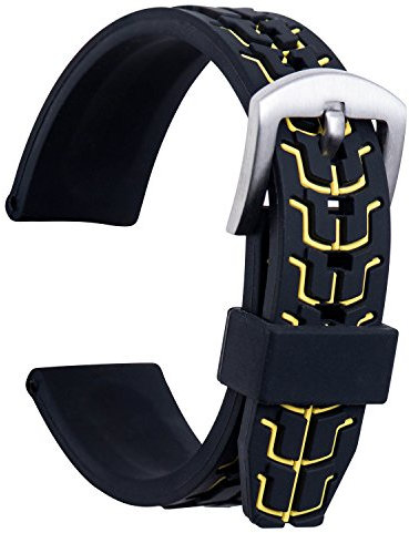 ULLCHRO Bracelet Montre Remplacer Silicone Bracelet Montre TextuRouge - 20, 22, 24mm Caoutchouc Montre Bracelet avec Acier Inoxydable Boucle Argent (24mm, Jaune)