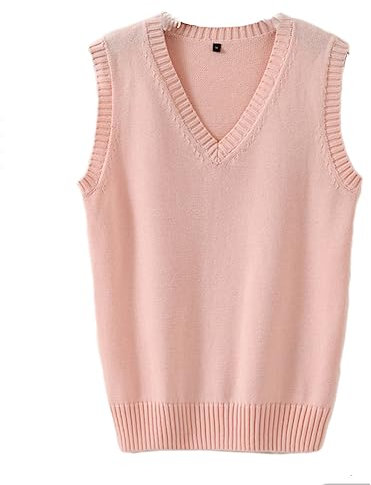 Hommes Femmes Tricoté Coton Col V Gilet JK Uniforme Pull sans Manches Pull Scolaire Cardigan - Rose - Taille S