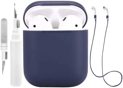 Teyomi Funda de Silicona Compatible con AirPods 2 y 1 con Kit de Limpieza, Funda Protectora Compatible con Apple AirPods 2&1 con Correa Deportiva, Funda Suave para Airpods 1&2 (Azul Oscuro)