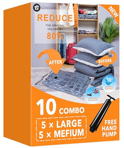 10 Pack Vacuum Storage Bags (5 x Large, 5 x Medium), Space Saver Sealer Compression Bags with Travel Hand Pump for Blankets, Comforters, Pillows, Clothes Storage
