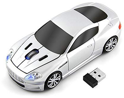 ECOiNVA for Aston Martin Wirelss Sports Car Shape Mouse Mice Computer Laptop Optical Mouse 2.4GHz USB Receiver AAA Battery Powered LED Light (Silver)