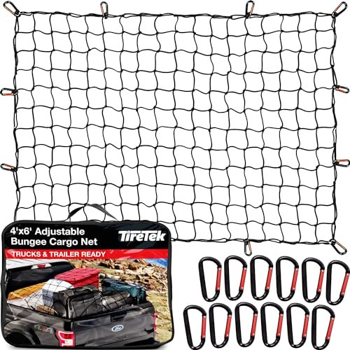 TireTek - Rete di carico per il lettino del furgone – 4 x 6 piedi si estende fino a 8 x 12 piedi, maglia elastica in lattice piccola da 4 x 4 pollici con 12 moschettoni in metallo, accessori per letto