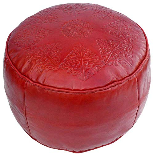 Orientalisches Leder Sitzkissen Rund Rot marokkanischer Sitzpouf Pouf Sitzwüfel Hocker Bodenkissen, Ø 44 x H 33 cm, inklusive Füllung, handmade Marokkanisch Asiatisch