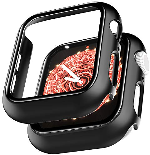 LϟK 2 Pack Funda Protector de Pantalla de Cristal Templado Incorporado para Apple Watch 44mm Series 6 5 4 SE - Estuche Protector General para PC Duro HD Ultra-Thin Carcasa para iWatch 44mm - Negro