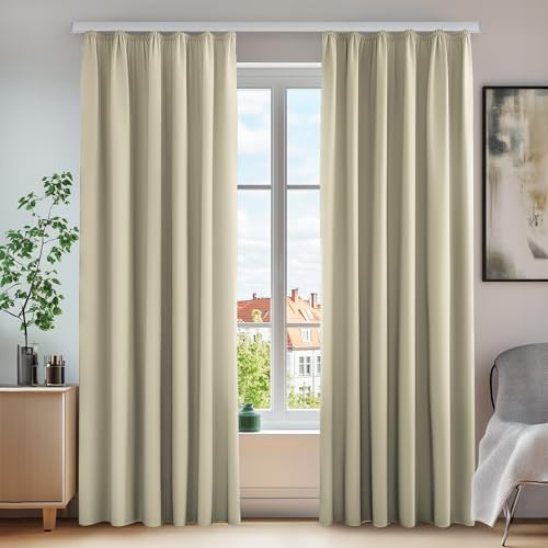 Deconovo Verdunklungsvorhänge Kräuselband für Schienensystem Gardinen Beige | 2er Set, H 138 x B 140 cm, Thermogardine, Hitzeschutz, für Wohnzimmer, Sichtschutz, Wärmehaltung, Wohnzimmer Deko, Schienensy