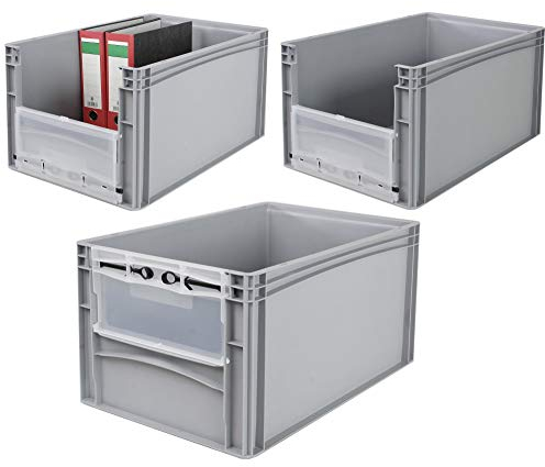 BRB 3x Eurobehälter mit Eingrifföffnung u. Riegelklappe an Stirnseite, LxBxH 600x400x320 mm, grau