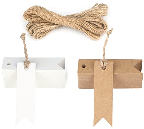 200 Stück Geschenkanhänger Kraftpapier Kleine Etiketten 7 x 2 cm mit Juteschnur, für Handwerk, Hochzeit, Weihnachten, Geschenkverpackung (Braun + Weiß)
