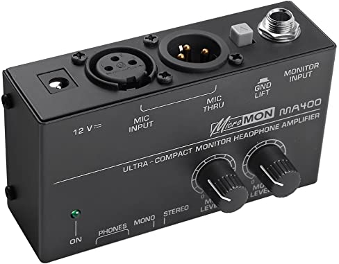 LiNKFOR MA400 Amplificatore per Cuffie con Controllo Volume Amplificatore per Cuffie Ultracompatto per Microfono XLR con 12V Potenza Omologata Preamplificatore per Cuffie per Applicazioni in Studio