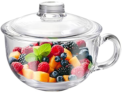 Glass Cereal Bowl Glass Soup Bowl with Handle, Clear Small Bowls with Glass Lid Oatmeal Breakfast Bowls Microwave Safe Glassware Yogurt Bowl for Dessert Pasta Rice