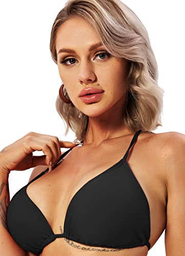 TZLDN Bikini Oberteil Große Brüste Damen Push up Sport Triangel Bikini Neckholder Brazilian Rückenfrei Bikinioberteil A01 Schwarz M