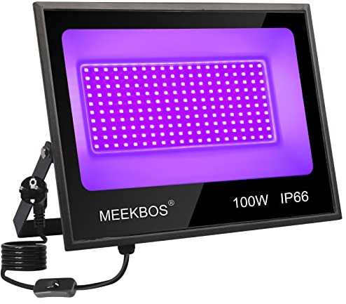 MEEKBOS Schwarzlicht Strahler 100W, UV LED Schwarzlichtlampe,IP66 Wasserdicht Outdoor UV Licht mit Stecker,385-400NM UV Fluter für Black light Party,Fluoreszierende Poster,GLOW Party,Malerei,Halloween