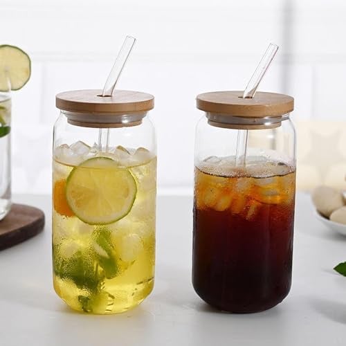 URMAGIC 2 Set Beer Can Glasses with Bamboo Lid and Glass Straws,550ml Can Shaped Glass Cups,Drinking Glasses,Beer Glasses,Iced Coffee Glasses,Boba Tea Cups,Clear Glass Cups,Cute Tumbler Cup,Wine Cup