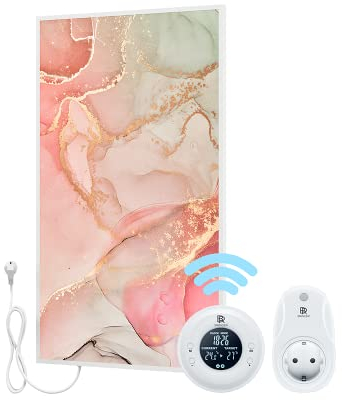 BR Bringer Bild Infrarotheizung mit Rahmen 800 Watt - Bildheizung mit UV Druck - 60x100x1,8cm - Fluid Art Marmor Optik, rosa