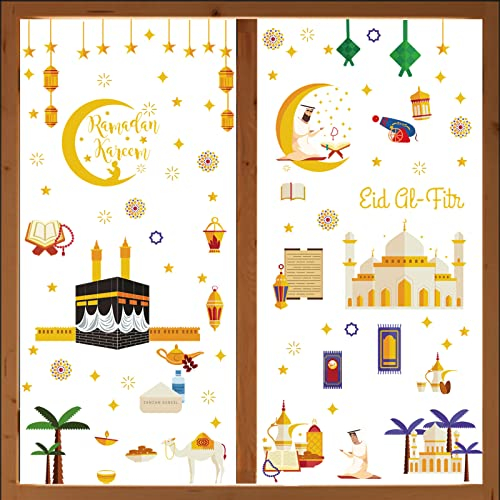 Ramadan Fensterbilder, 196 Stück Ramadan Sticker, Ramadan Fenster Deko, Ramadan Aufkleber, Ramadan Deko Set, Selbsthaftende Fensterbilder Ramadan Fenster Deko für Muslimische