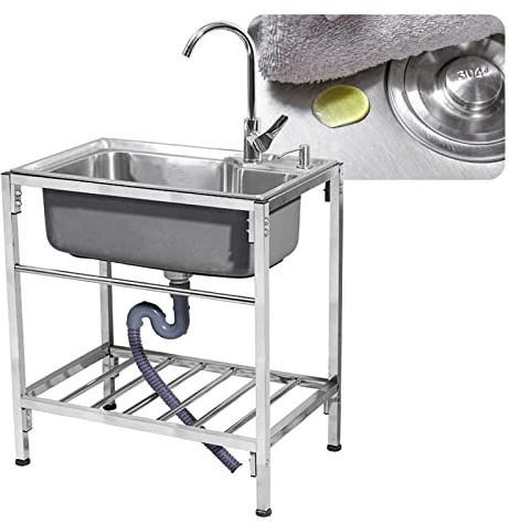 Duchunsheng Plan De Travail INOX Evier, Meuble Evier INOX Cuisine Lave Bac, Professionnel Lavabo Cuisine 1 Bacs, Accessoires D'installation Et Tuyau De Vidange, Peut Bouger pour Exterieur Intérieur