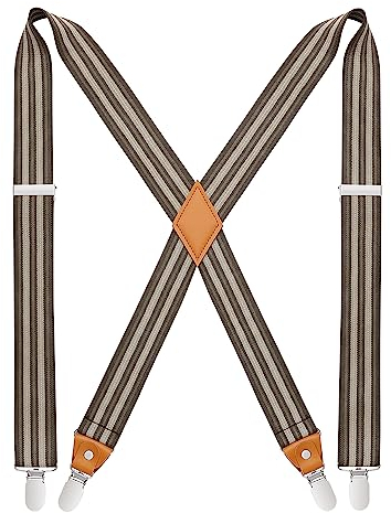 HISDERN Herren 3,5 cm breiter Hosenträger in X-Form mit sehr Starken 4 Metall Clip für Männer und Damen elastisch und verstellbar Braune Streifen