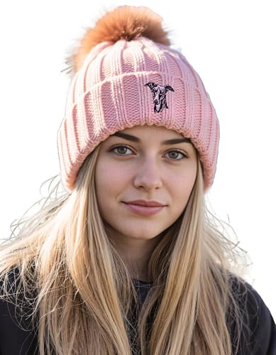 The House Of Dog: Mütze mit Bommel aus Kunstfell, super weich, Unisex, bestickt, rose, One size
