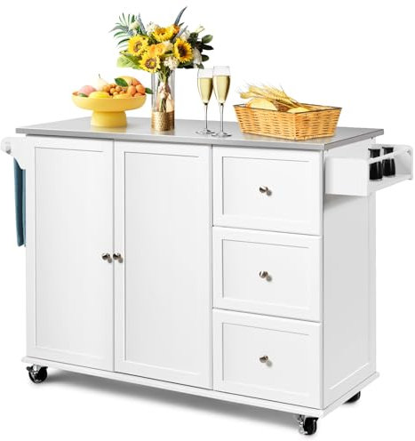 GIANTEX Küchenwagen mit Edelstahlplatte, Küchenschrank mit Rollen, bewegliche Kücheninsel mit 3 Schubladen & Verstellbaren Ablagen, Servierwagen Rollwagen Holz, Küchentrolley 135x45,5x91,5cm (Weiß)