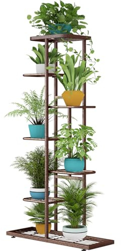 Linzinar Pflanzenständer für drinnen und draußen, Metall, 7 Etagen, für 8 Blumentöpfe, Halter für mehrere Blumentöpfe, Regal, Ausstellungsregal für Terrasse, Garten, Balkon, Wohnzimmer, bronzefarben