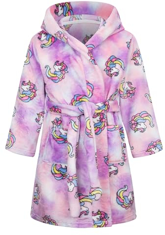 Baogaier Accappatoio Bambini Flanella Vestaglia con Cappuccio, Viola Unicorno Indumenti Notte Pigiami Doccia Morbido Pigiameria Manica Lunga Ragazze per Bambino 7-8 Anni