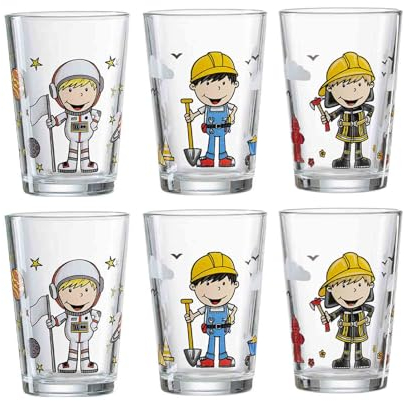 Ritzenhoff & Breker Bicchieri per bambini astronauta, operaio edile, pompiere, ragazzi, set da 6 pezzi, 205 ml, lavabili in lavastoviglie