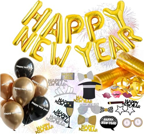 3x XXL Silvester Deko 2024 Set - HAPPY NEW YEAR Wiederverwendbar- 55 cm Neujahrsdeko - New Year Decoration - mit über 100 Teilen wie Luftballons, Luftschlangen als Dekoration zu Neujahr