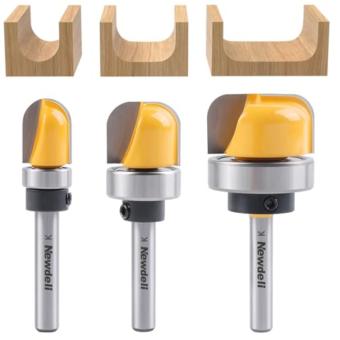 Newdeli 3Pcs Bowl and Tray Template Router Bit Set 1/4 Inch Shank Carbide Juice Groove Round Nose Router Bit with Bearing 1/2,3/4,1-1/8 Dish Carving Router Bits Wood Cutter