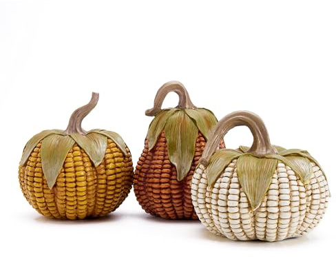Valery Madelyn Fall Decorations for Home, Fall Pumpkin Decor, Set of 3 Resin Artificial Corn Decorative Pumpkins Indoor, Table Centerpieces Autumn Thanksgiving Halloween Decorations, 5.1 Inch