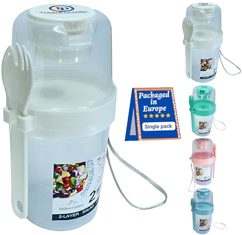 TradeProvider® Reusable Yogurt Cups with Lid Fork Lanyard 560ml/19Oz Clear 3 in 1 Cereal Pot Salad Juice Milk Cup 100% BPA Free Breakfast Bowl (WhitePot)