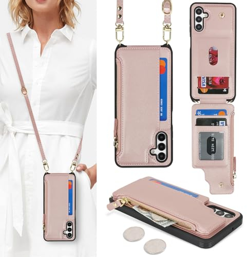 SailorTech Custodia per Samsung Galaxy A15 in Pelle Portafoglio con porta carte di credito, Cover per Samsung A15 Cellulare Regolabile Collana con slot per carte di credito-Oro Rosa