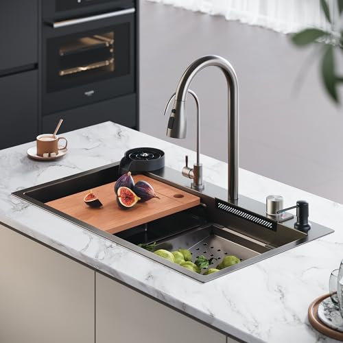 SUNXURY Spülbecken Waterfall Spüle multifunktionale Küchenspüle Einbauspüle Waschen Abfluss Schnitt 3 in 1, 75 x 45 x 23 cm, Edelstahl Schwarz
