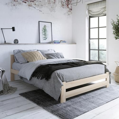 Holzbett 140x200 cm mit Lattenrost Modern Bett Bed Kiefer Massiv Bettgestell Doppelbett Massivholzbett Klassisch | Komfortabel & Langlebig | Skandinavisch Boho Landhaus Kopfteil mittel natur