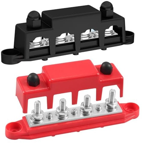 Lunriwis 12V-48V DC Bus Bar Power Distribution Block Battery Terminal Bus Bar 2pcs,4 x M8 Terminal Studs with Cover and Ring Terminals 250 Amp for Cars RVs Ships Yachts(Red+Black)