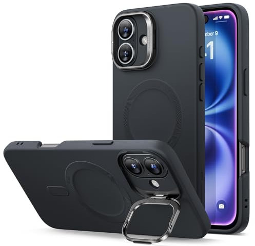 ESR for iPhone 16 Case, Silicone Case with Stand, Military-Grade Protection, Built-In Camera Stash Stand, Magnetic Phone Case for iPhone 16, Cloud Series, Black