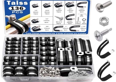 Taiss 136PCS Gummi P Clips Schlauchschellen Kit,10 Größen 304 Edelstahl Rohrschelle mit Gummieinlage 6mm/8mm/10mm/13mm/16mm/19mm/25mm/32mm/38mm/45mm
