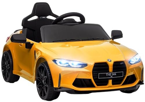 AIYAPLAY BMW M4 Licensed Electric Car for Kids, 12V Kids Electric Ride on with Remote Control, Suspension, Music, Horn, LED Lights, for Ages 3-5 Years, Yellow