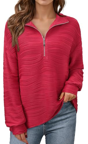 Vafoly Damen Half Zip Pullover Sweatshirt für Frauen Langarmshirt Casual Festival Sweatshirt Damen Pullover Herbst Winter Loose Fit Kleidung 2024 Trendy Strick Rot XXL