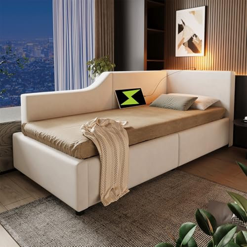 LuxeLiving Polsterbett 90x200 cm Tagesbett, Bettgestell mit hydraulischem Stauraum, Leselicht, Ladefunktion, Jugendbett Kinderbett Einzelbett Schlafsofa mit Lattenrost, Beige, Ohne Matratze