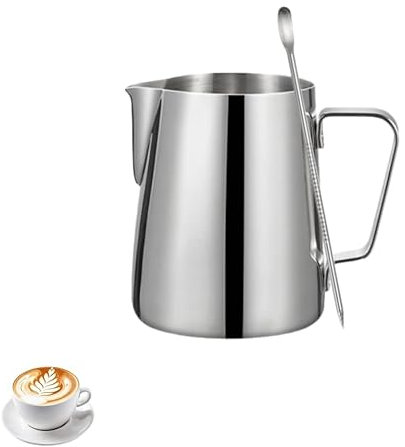 Milk Frothing Pitcher - 12oz/350ml Milk Frother Cup Stainless Steel Jug Steaming Pitcher, Milk Jug with Measurement Mark and Decorating Pen for Making Latte Art and Cappuccino Coffee (350ML Silvery)