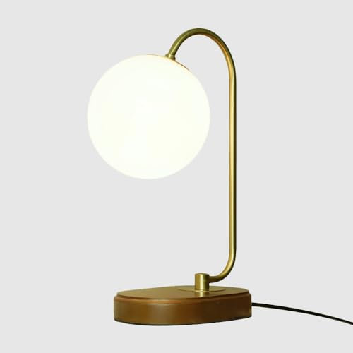 Jadssox Lampe de bureau en verre globe Lampe de table de chevet en bois Lampe de lecture de bureau nordique Lampes de bureau en boule de verre blanc pour chambre à coucher Salon Lampe de table de chev