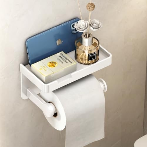 VOLDRA Toilet Roll Holder with Phone Shelf, Self-Adhesive or Screw-In Toilet Paper Holder Wall Mounted, Rustproof & Multifunctional Stick on Bathroom Tissue Holder(White)