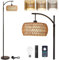 Dimmbare Stehlampe Wohnzimmer, Rattan Stehlampe mit Fernbedienung App-Steuerung, Bogenlampe Boho Stehleuchte mit Rattan & Leinen Lampenschirm für Schlafzimmer Büro