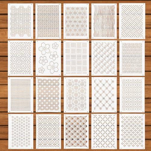 20 Stk Sashiko Schablone, 21x15cm PET Kunststoff Sashiko Muster Geometrische Sashiko Mustervorlage Wiederverwendbare Stickschablonen zum Quilten Basteln Nähen
