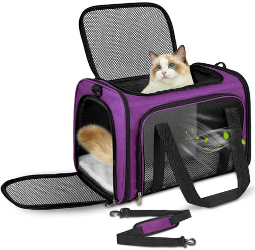 Lohofrnny Transporttasche Katze, Transporttasche für Katze Hund bis zu 5kg, Tragbar Faltbare Haustier Tragetaschen mit Schultergurt für Mittel Kleine Haustiere (Lila, 43 x 28 x 28cm)