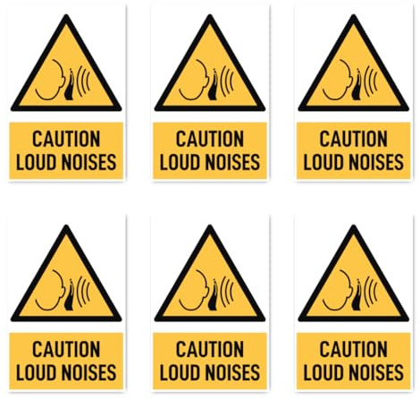 Stickers: 75 x 50 mm, Pack of 6 – Warning Loud Noises – Warning Sign with Text (Yellow/Black) – Vertical – DIN EN ISO 7010 / ASR A1.3