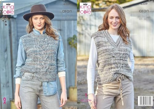 King Cole Aran Knitting Pattern Pamphlet - 6309 Ladies Round & V Neck Tanks (Two Designs) 32-50ins