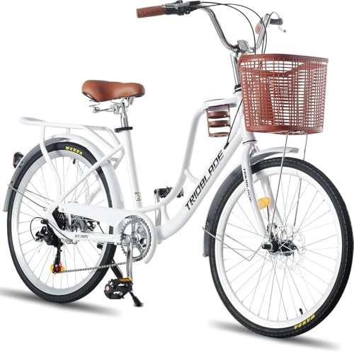 LSBIKE 24/26in Ladies Bike with Basket 7 Speed City Bicycle Women Girls Comfort Bike Lightweight Frame Hybrid Disc Brakes with Cupholder Steel Rear Rack Adjustable Handbar and Seat